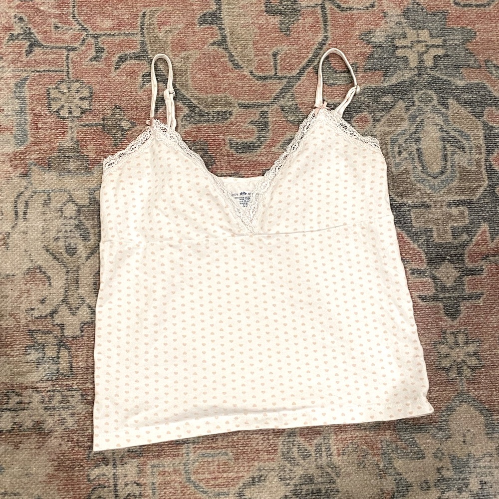White + Pink heart print tank with bow and lace detail
